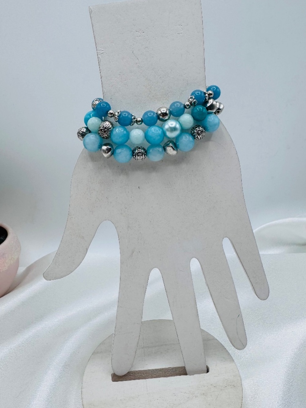Aqua Marine theme Beaded Stretch Bracelet Blue-tone trio for Small wrists